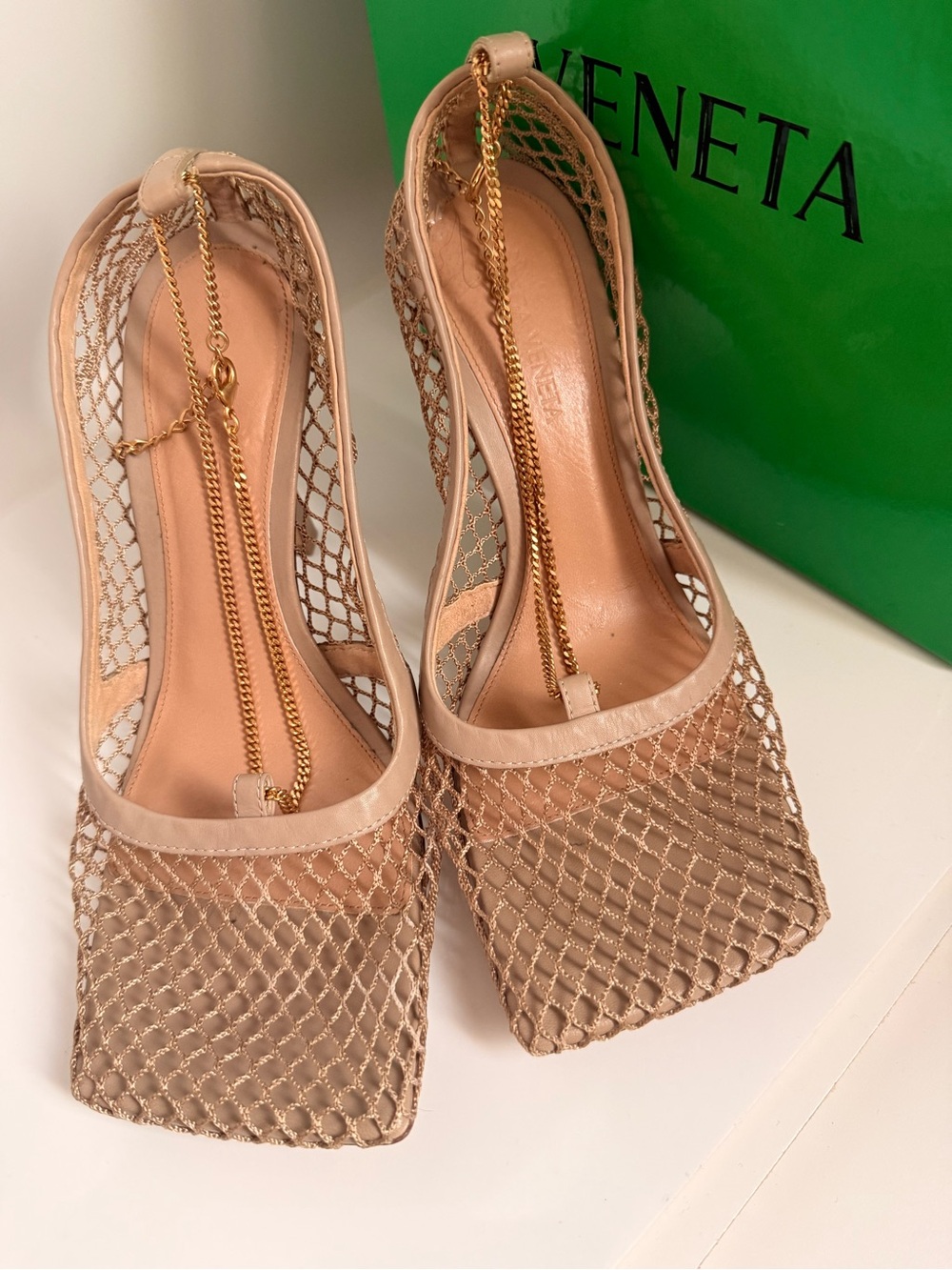 Bottega Veneta Beige Nude Mesh Square-Toe Pumps with Gold Chain